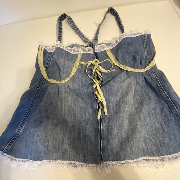 VTG OldNavy BlueDenim LaceTrim Corset Coquette Babydoll Handmade Up cycle L/XL - Picture 4 of 13